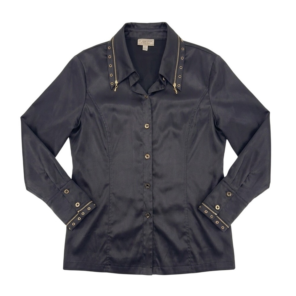VTG St John Sport Marie Gray‎ Black Satin Grommet Zip Blouse Shirt Large